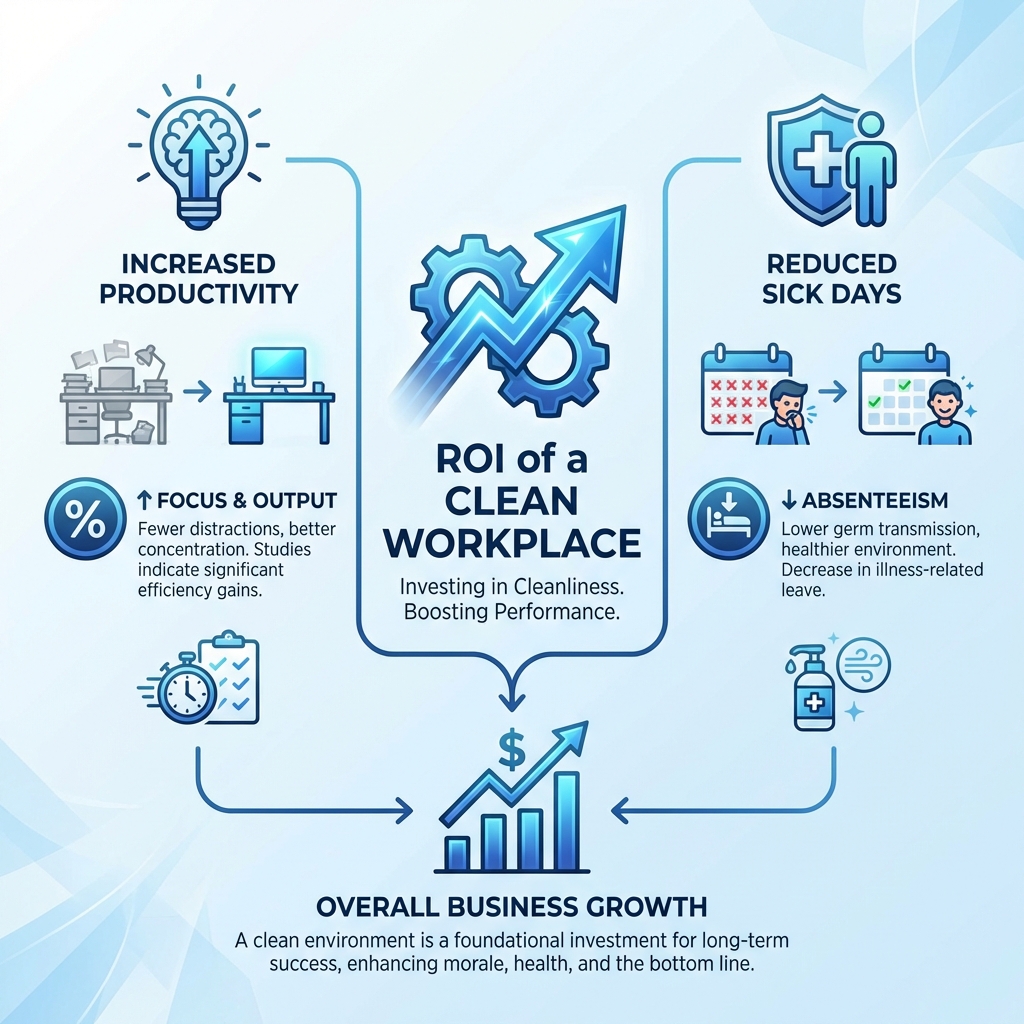 Infographic detailing the ROI of a clean workplace, including stats on increased productivity and reduced sick days - best way clean windows infographic