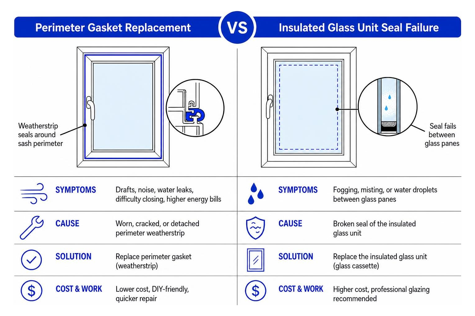Diagram comparing perimeter gasket replacement vs insulated glass unit seal failure Diagram comparing perimeter gasket replacement vs insulated glass unit seal failure
