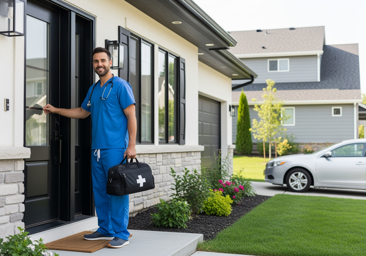 professional practitioner arriving at a residence - house call hydration