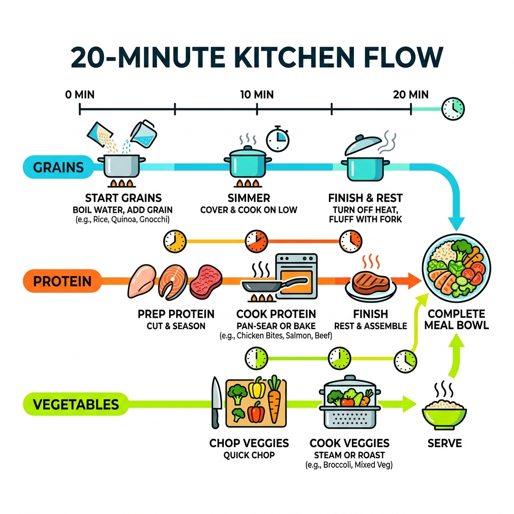 20-minute kitchen flow infographic showing grain, protein, and vegetable timing steps - 20 minute meal prep infographic 20-minute kitchen flow infographic showing grain, protein, and vegetable timing steps - 20 minute meal prep infographic