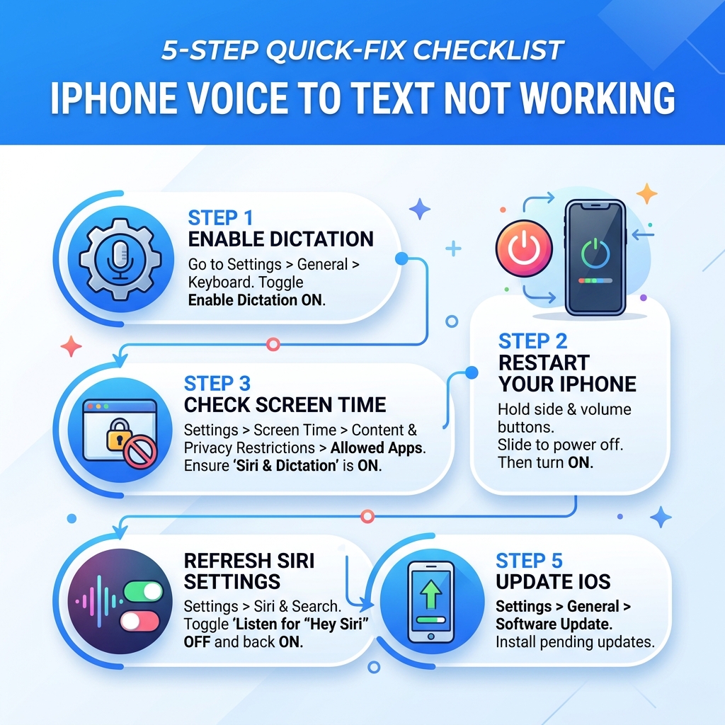 5-step quick-fix checklist for iPhone voice to text not working infographic - voice to text not working iphone infographic 5-step quick-fix checklist for iPhone voice to text not working infographic - voice to text not working iphone infographic