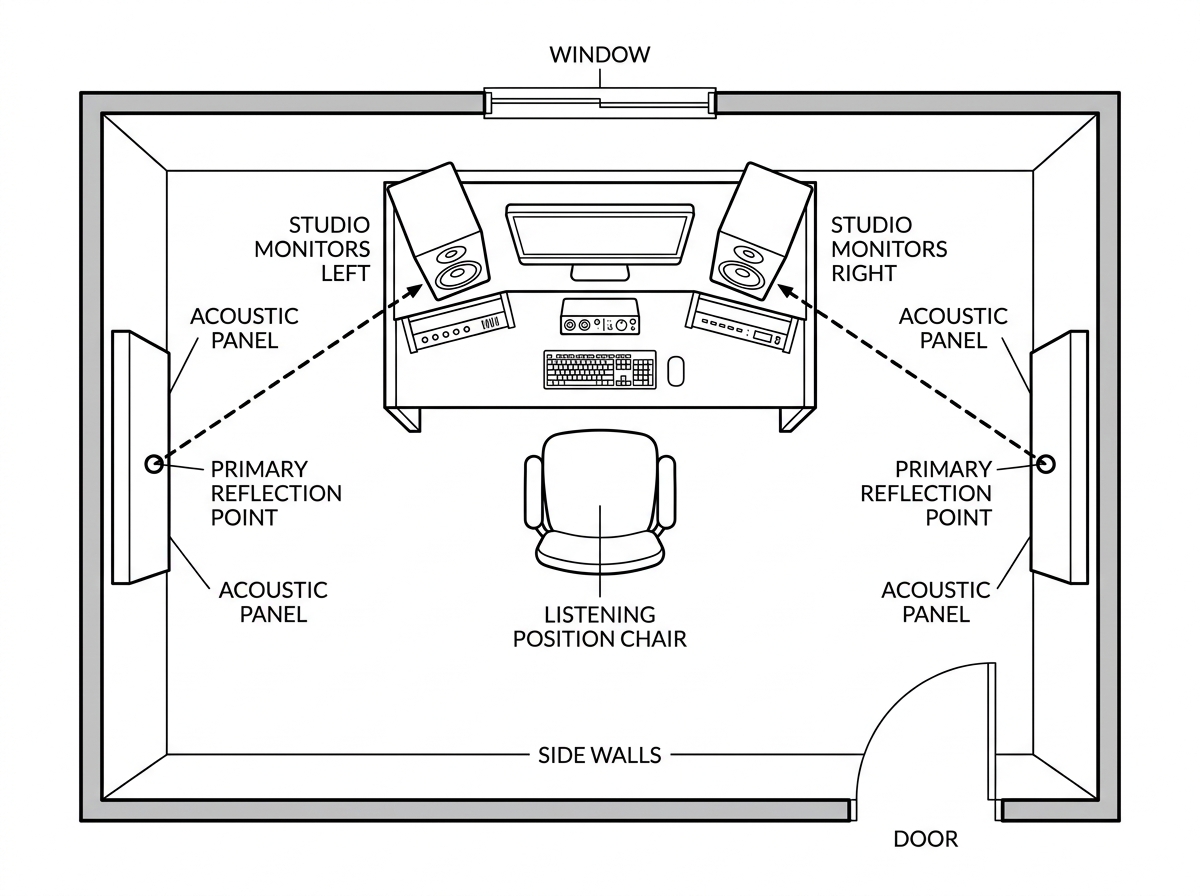 Diagram showing primary reflection point placement for speakers in a home studio - best acoustic foam panels