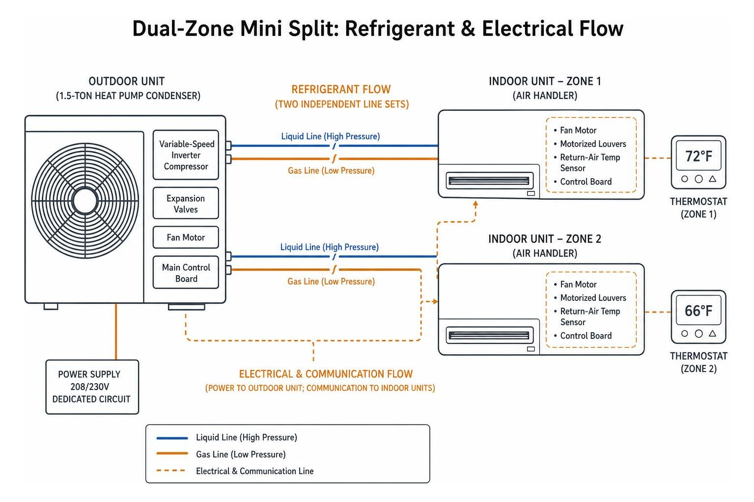 Dual-zone mini split refrigerant routing and electrical flow diagram Dual-zone mini split refrigerant routing and electrical flow diagram
