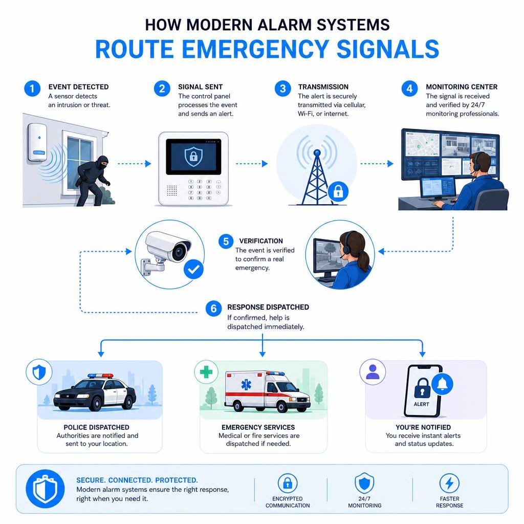 infographic explaining how modern alarm systems route emergency signals infographic