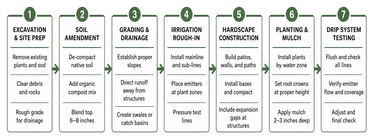Step-by-step landscape installation workflow from excavation to hardscape and drip system testing Step-by-step landscape installation workflow from excavation to hardscape and drip system testing