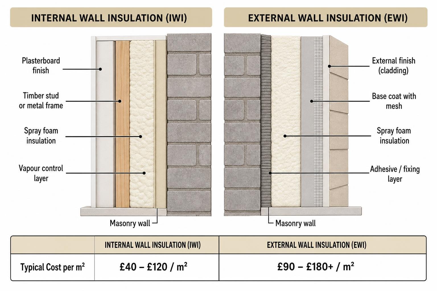 Cutaway diagram showing differences between internal dry lining and external cladding on masonry Cutaway diagram showing differences between internal dry lining and external cladding on masonry