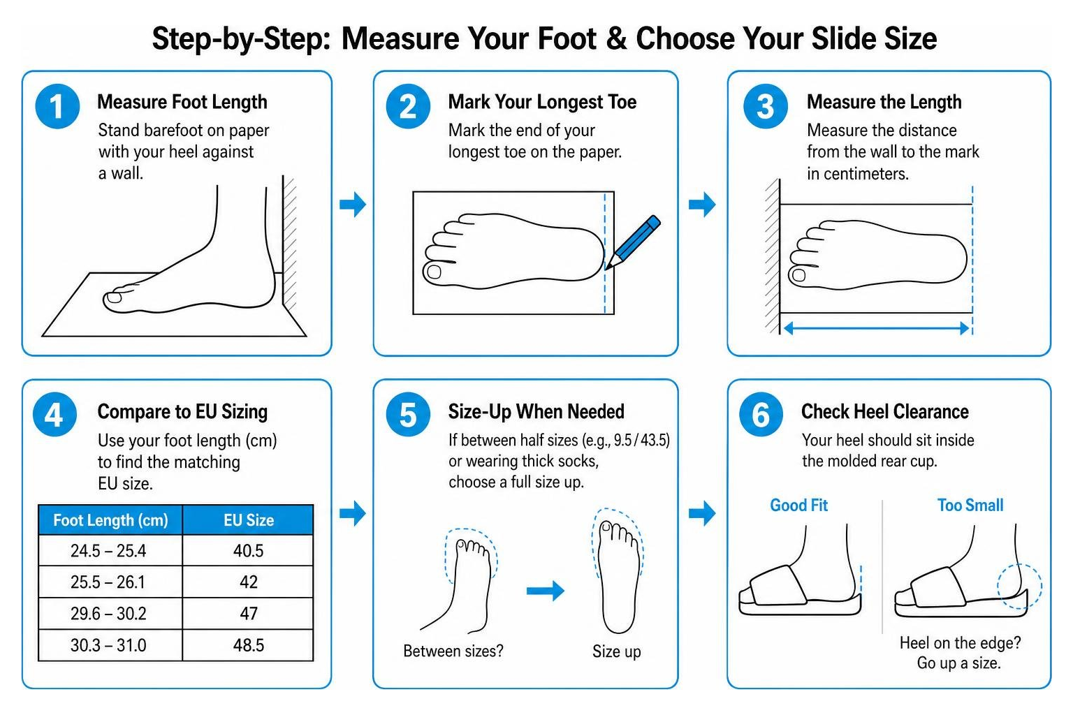 Step-by-step sizing sequence for measuring foot length and choosing proper slide size Step-by-step sizing sequence for measuring foot length and choosing proper slide size