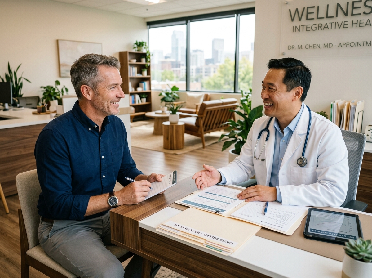 A man discussing health goals with a specialist in a wellness setting - trt consultation schaumburg il A man discussing health goals with a specialist in a wellness setting - trt consultation schaumburg il