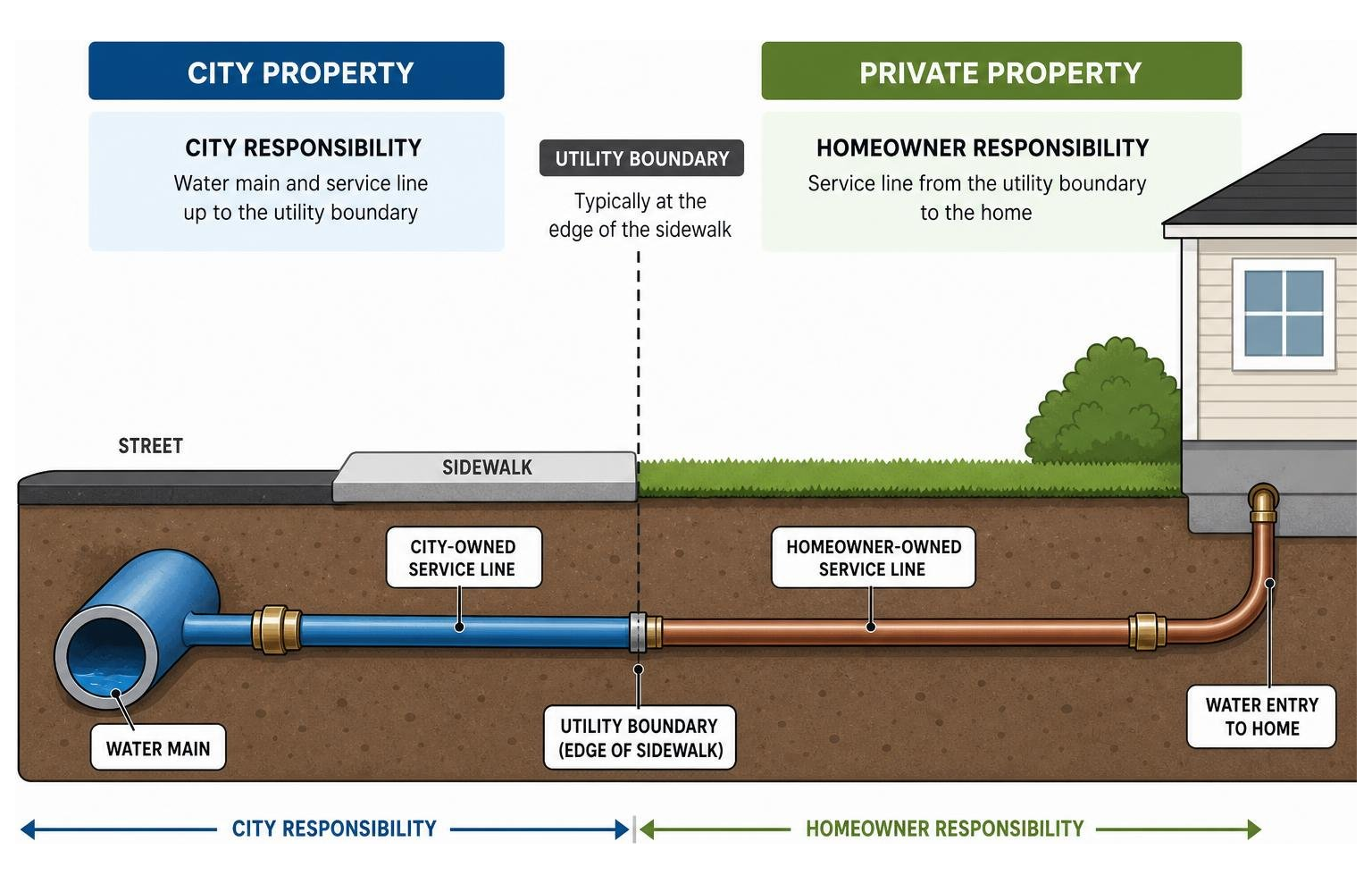 Diagram showing the utility boundary between city property and private homeowner property Diagram showing the utility boundary between city property and private homeowner property