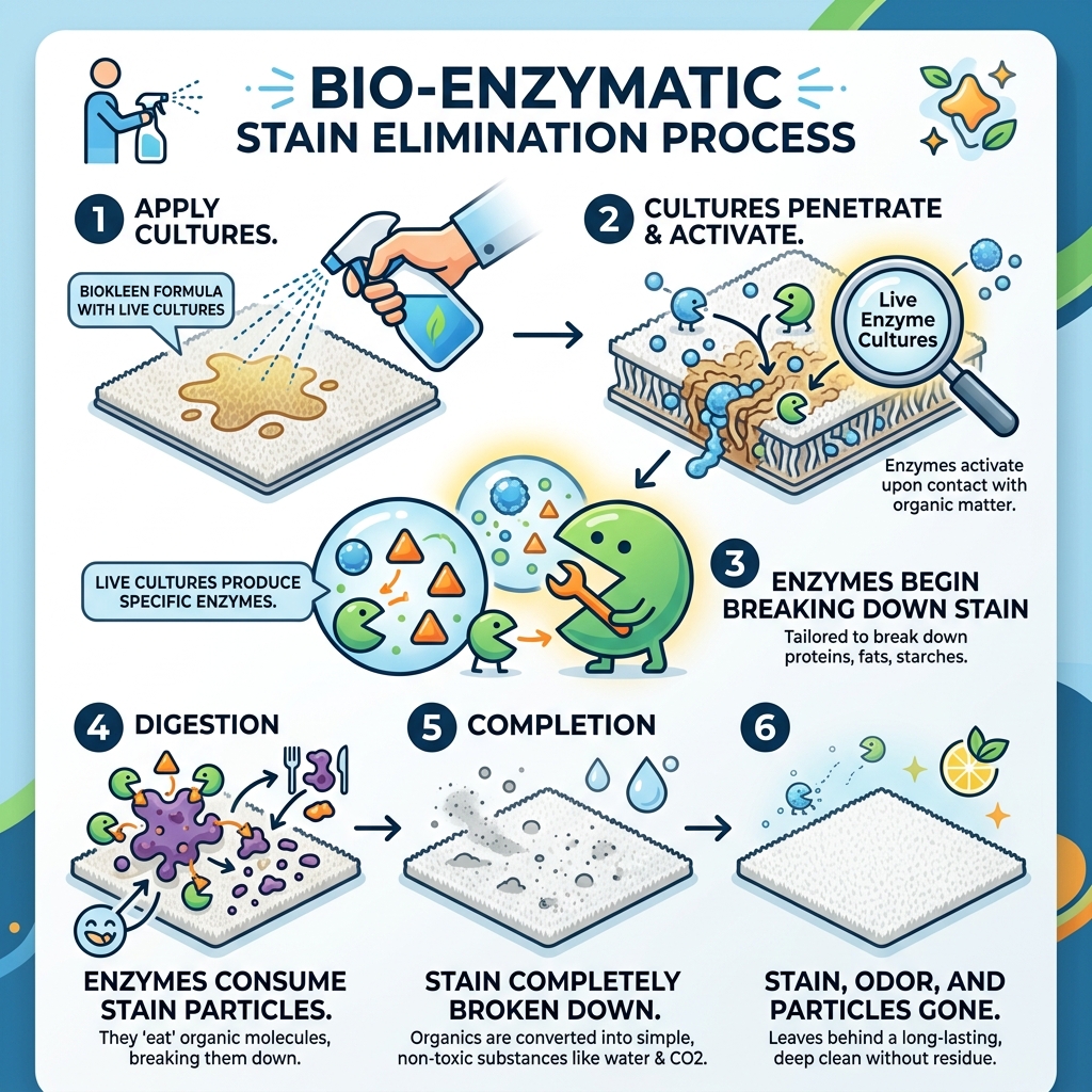 How live enzyme cultures eliminate organic carpet stains step by step - biokleen carpet cleaner infographic How live enzyme cultures eliminate organic carpet stains step by step - biokleen carpet cleaner infographic