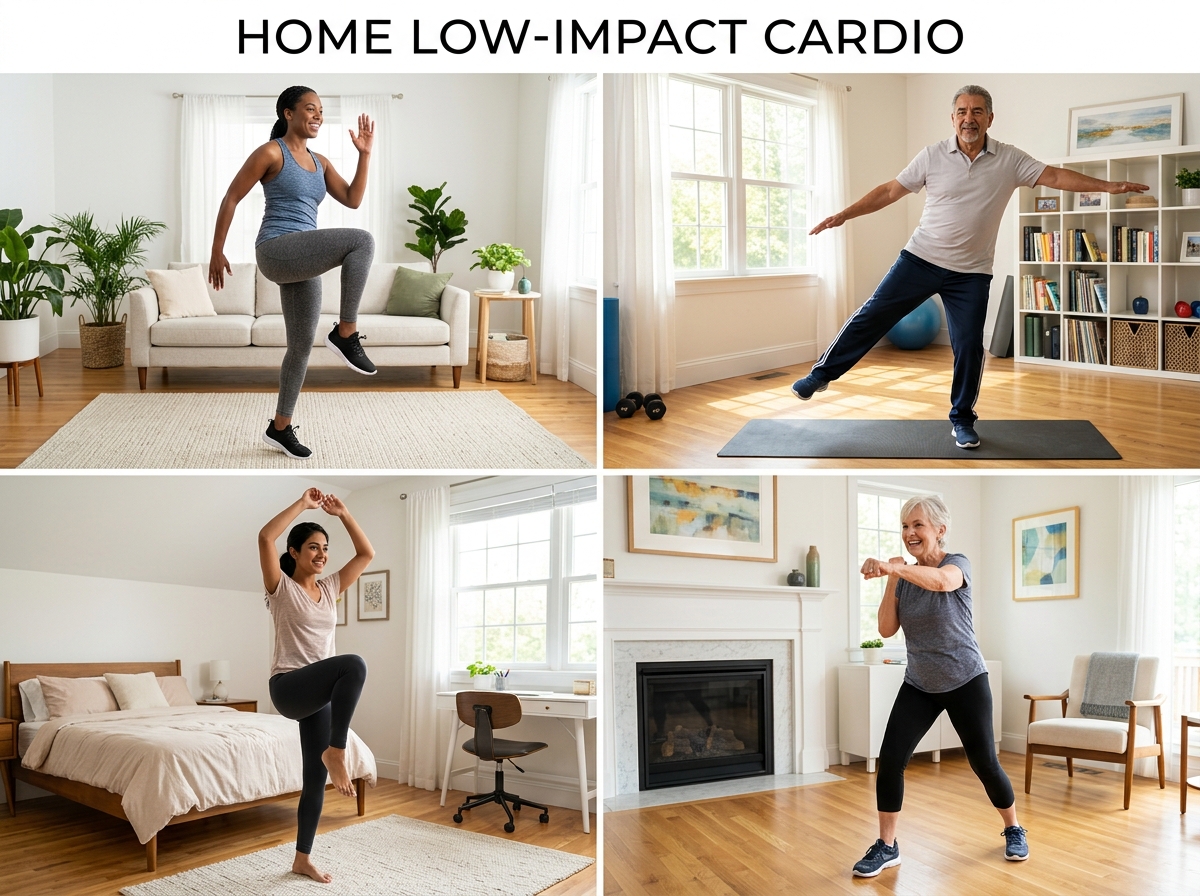 collage of low-impact movements like marching and side taps - cardio at home no jumping