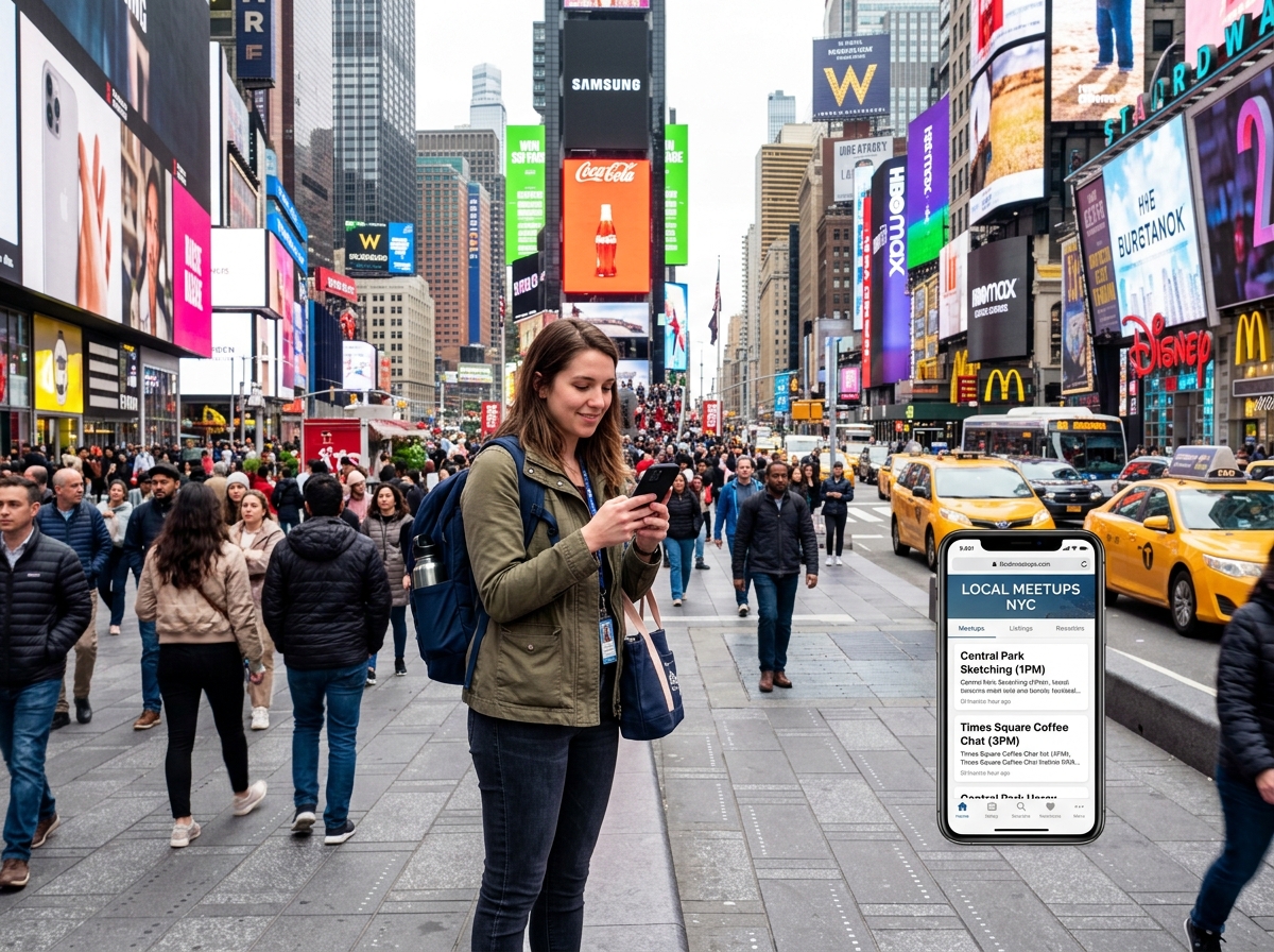 traveler using a smartphone in a public square to find local meetups - how to meet other travelers solo travel