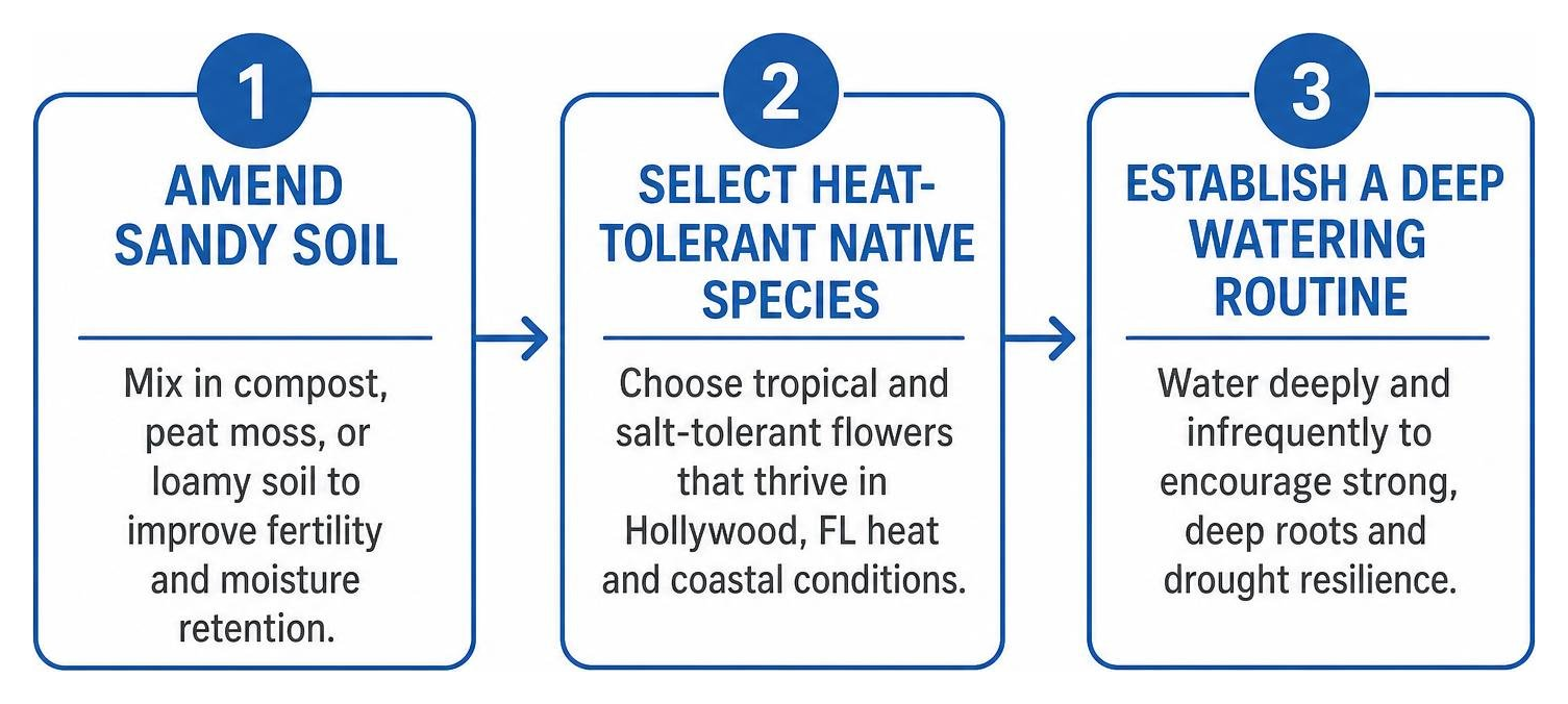 Step-by-step guide for planting in Hollywood Florida: amend sandy soil, select heat-tolerant native species, and establish a Step-by-step guide for planting in Hollywood Florida: amend sandy soil, select heat-tolerant native species, and establish a