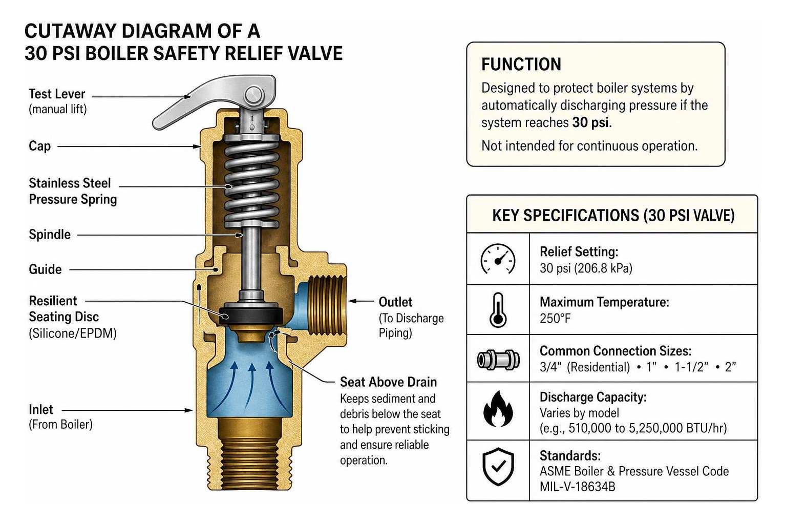 Cutaway diagram of a 30 psi boiler safety relief valve Cutaway diagram of a 30 psi boiler safety relief valve