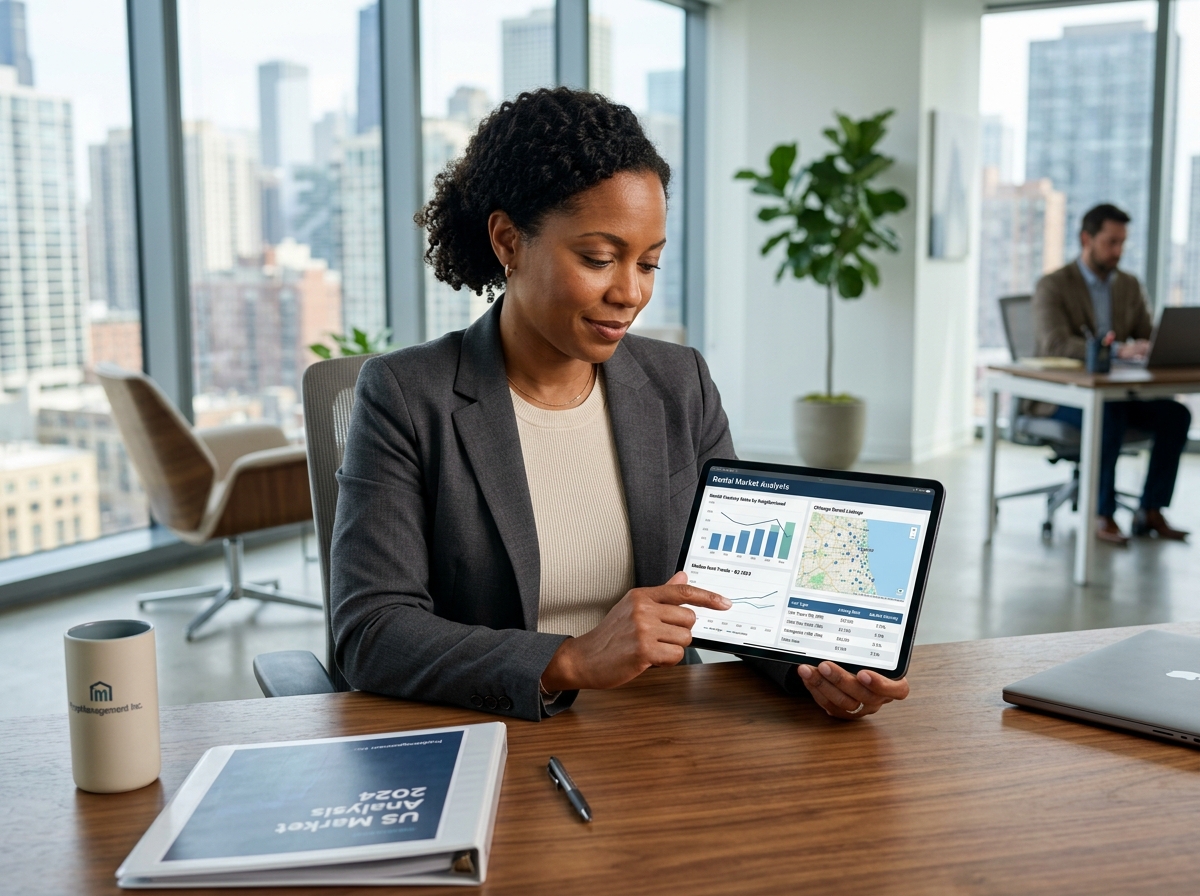 landlord reviewing local market data on a tablet in a modern office - Rental market analysis