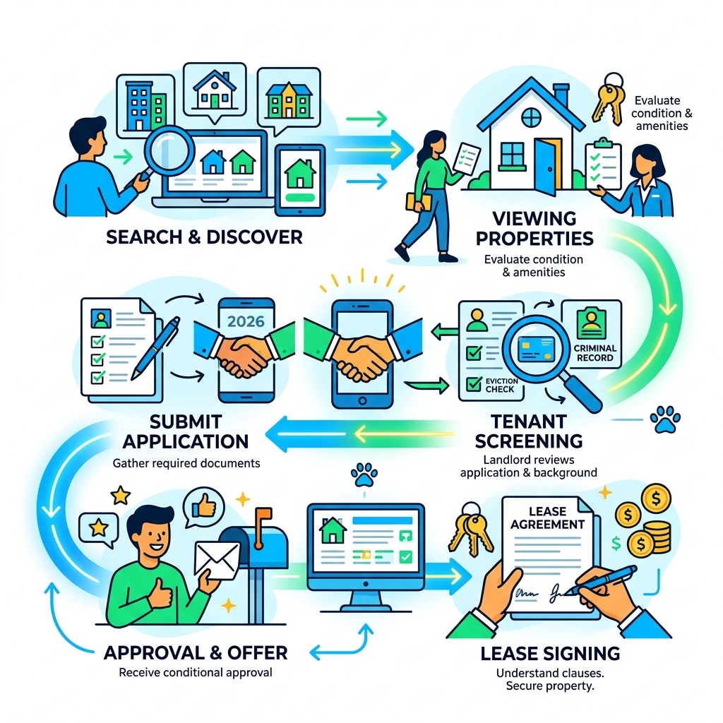 Navigating the Modern Real Estate and Rental Market rental lifecycle from search to lease signing - real estate and rentals infographic