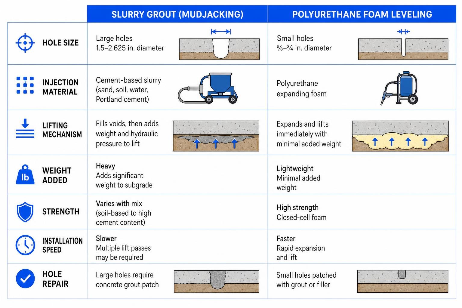 Slurry grout versus polyurethane expansion comparison Slurry grout versus polyurethane expansion comparison