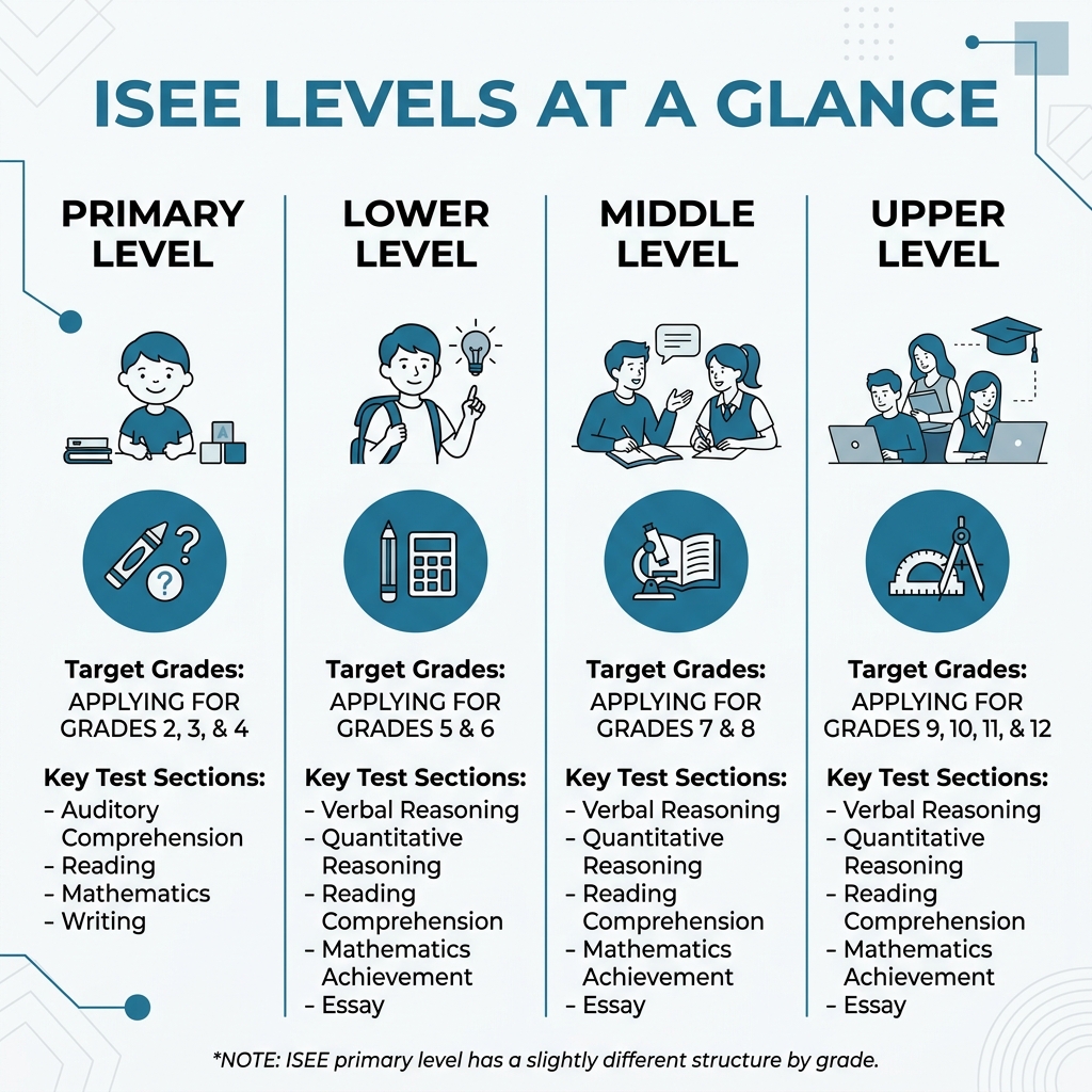 Infographic showing ISEE levels, target grades, and key test sections at a glance - erb diagnostic practice tests