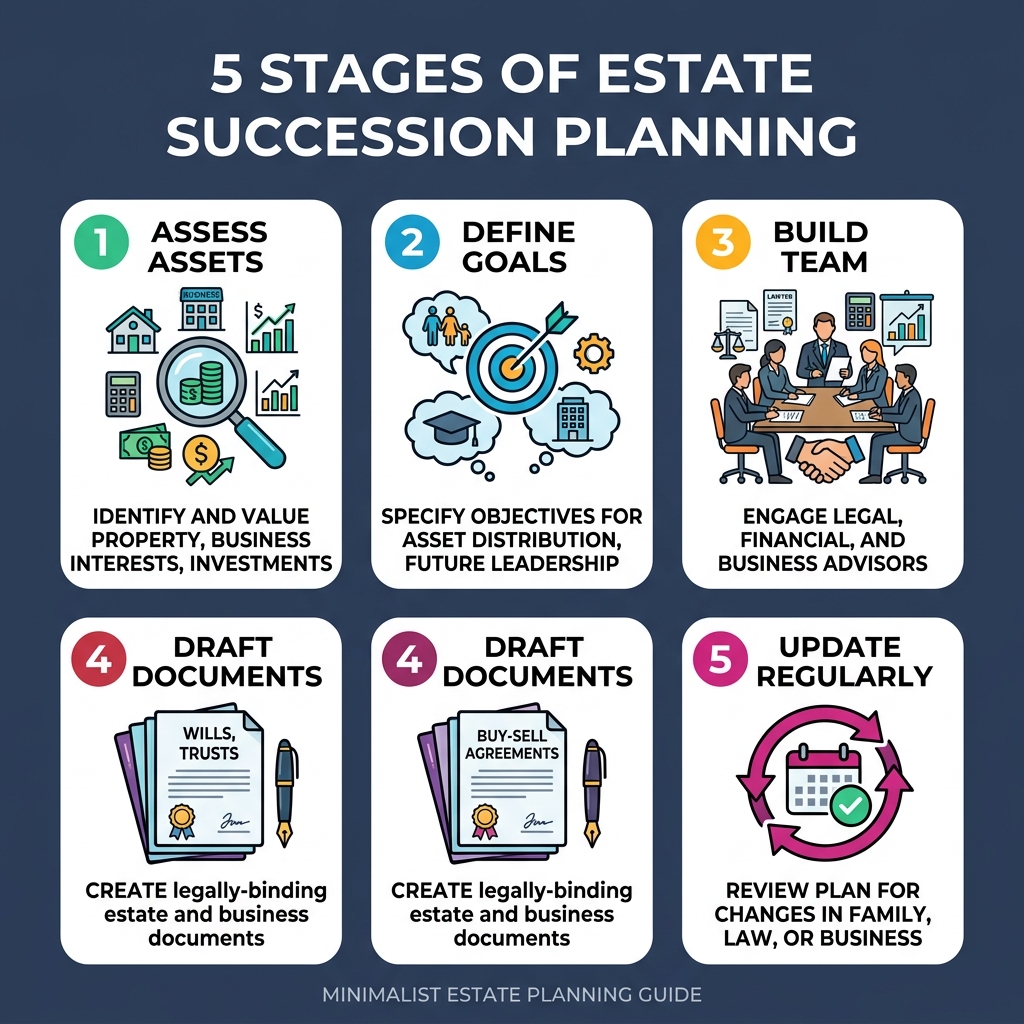 5 stages of estate succession planning: assess assets, define goals, build team, draft documents, update regularly - Estate
