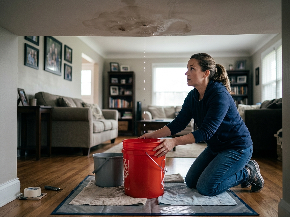 Homeowner safely placing a bucket under an interior leak - 24 hour emergency roof repair near me Homeowner safely placing a bucket under an interior leak - 24 hour emergency roof repair near me