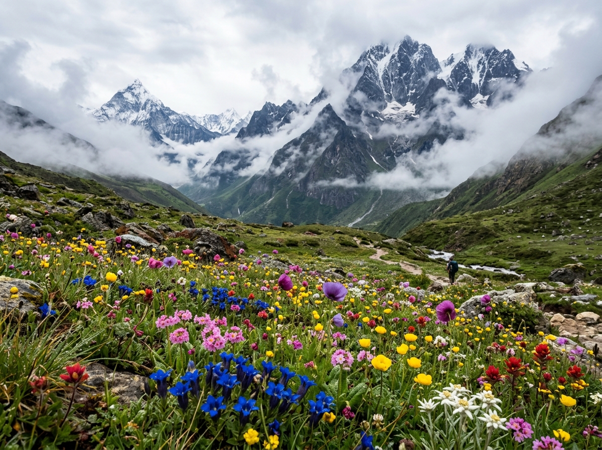 Vibrant alpine wildflowers blooming in a misty mountain valley - solo flower festivals Asia