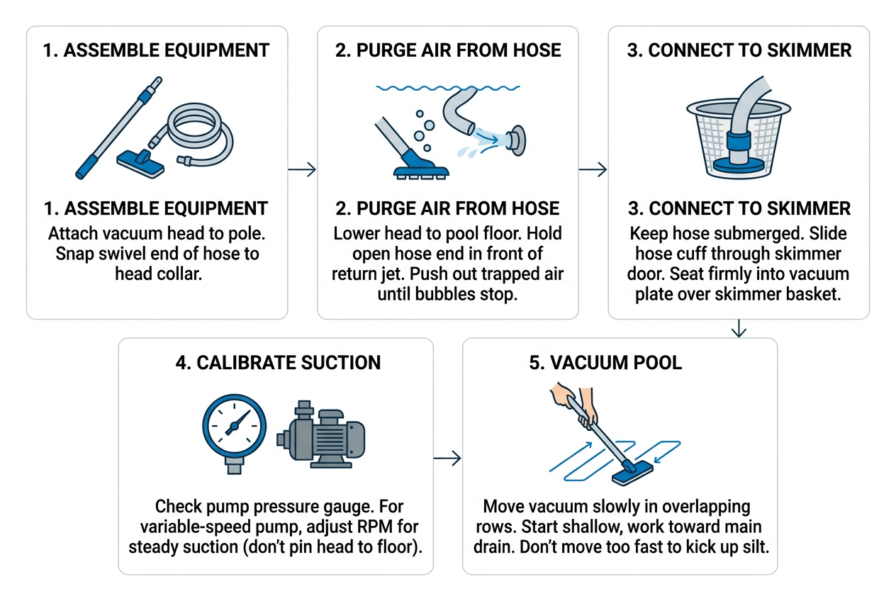 Step-by-step manual pool vacuuming workflow Step-by-step manual pool vacuuming workflow