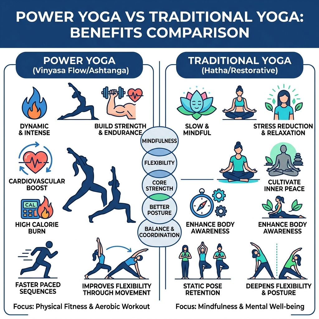 Power yoga vs traditional yoga: benefits comparison infographic - Power yoga workouts infographic 