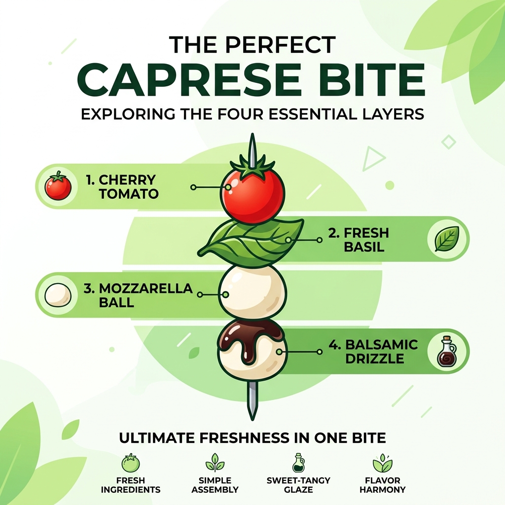 Infographic showing four layers of a perfect Caprese skewer bite: tomato, basil, mozzarella, balsamic drizzle - caprese Infographic showing four layers of a perfect Caprese skewer bite: tomato, basil, mozzarella, balsamic drizzle - caprese