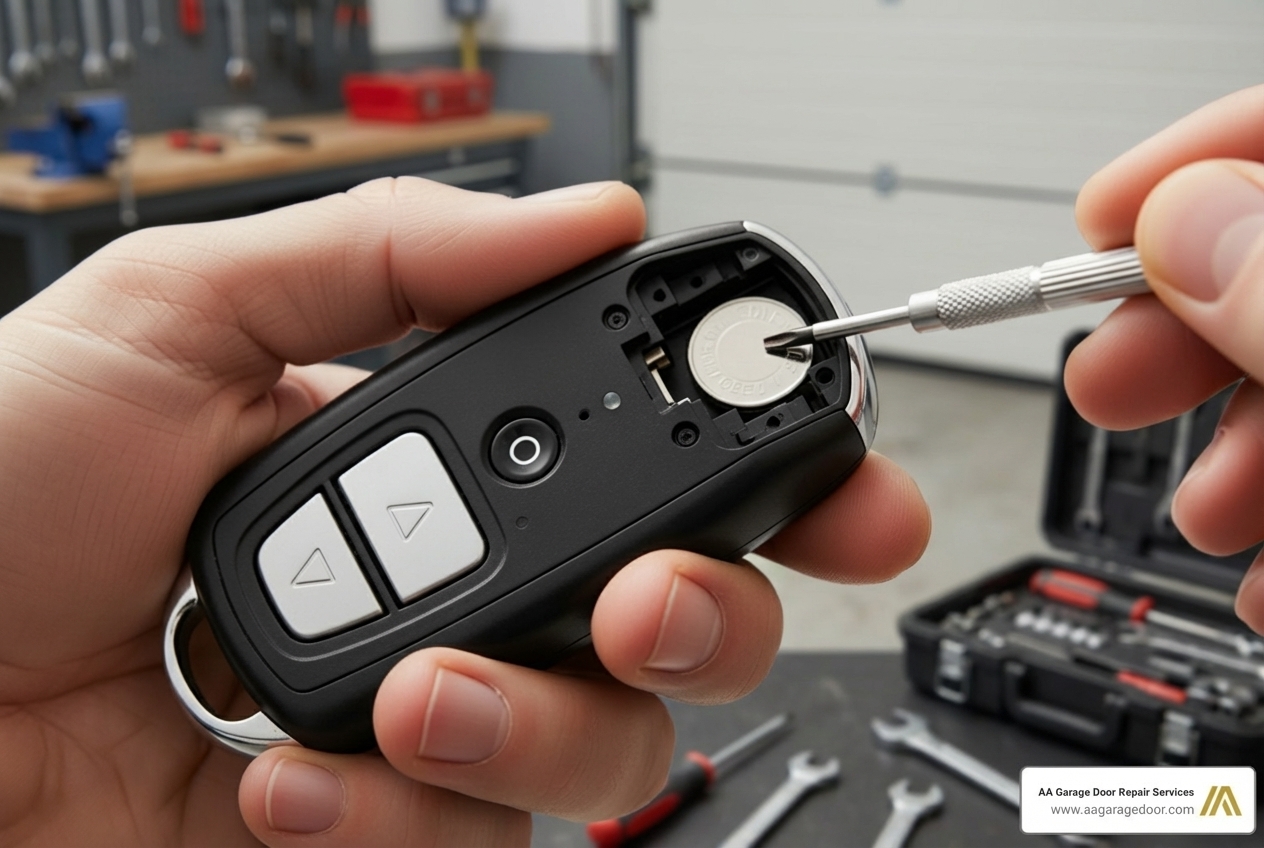 person changing the battery in a garage door remote - universal garage door opener codes