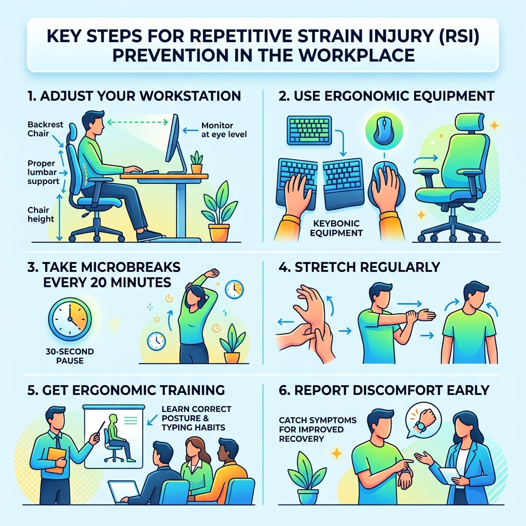Key steps for repetitive strain injury prevention in the workplace infographic - repetitive strain injury prevention in the