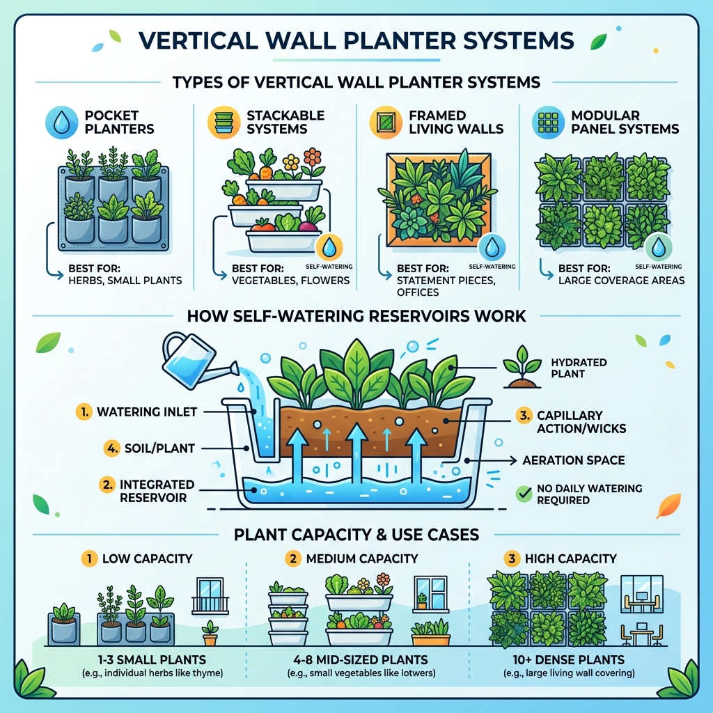 Infographic showing types of vertical wall planter systems, how self-watering reservoirs work, and plant capacity - vertical