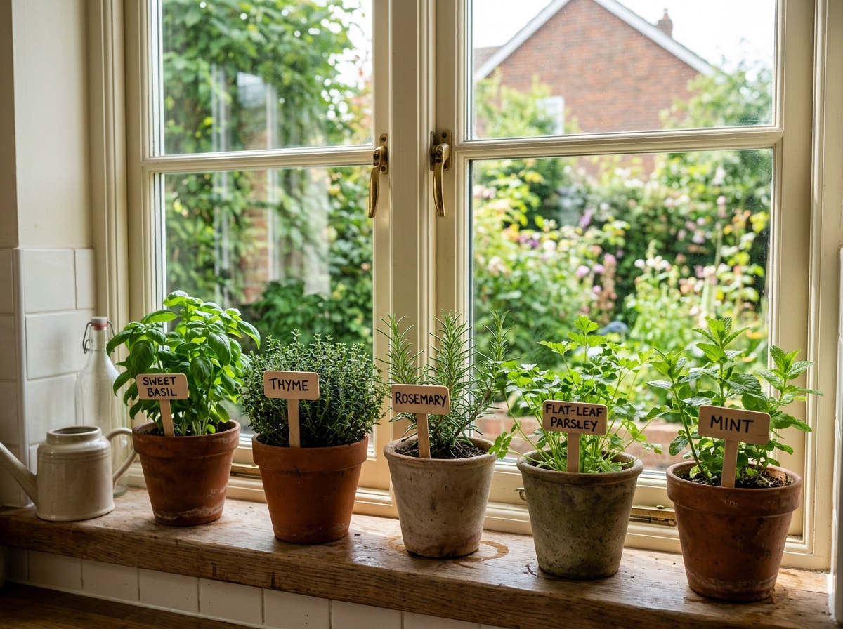various herb varieties in labeled pots on a kitchen windowsill - window sill spice garden