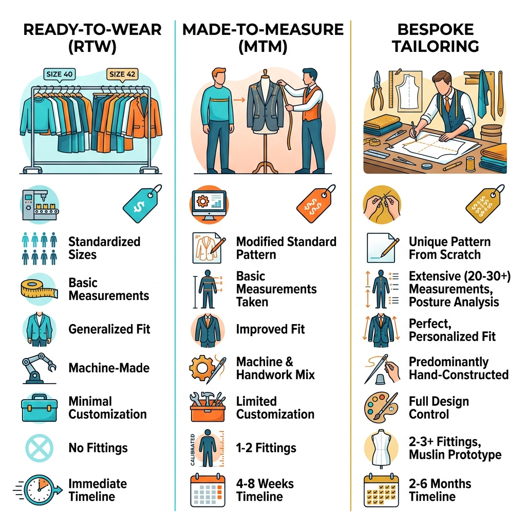 Infographic comparing ready-to-wear, made-to-measure, and bespoke clothing processes and outcomes - custom bespoke fashion