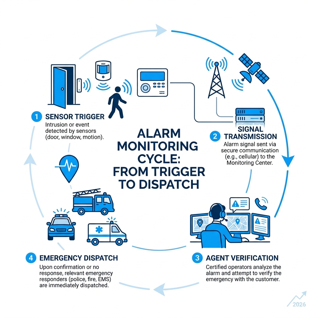 How alarm monitoring works: from sensor trigger to emergency dispatch cycle - alarm systems monitoring services infographic 