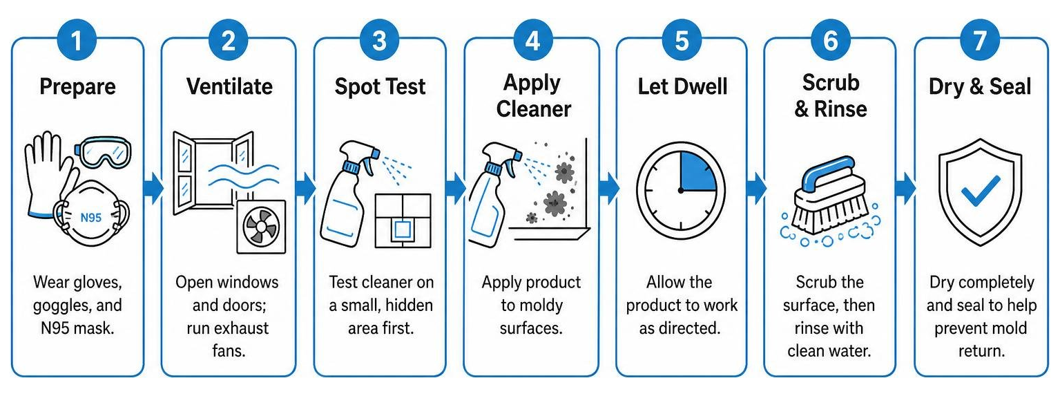 Diagram showing the sequential process of mold odor elimination from preparation to sealing Diagram showing the sequential process of mold odor elimination from preparation to sealing