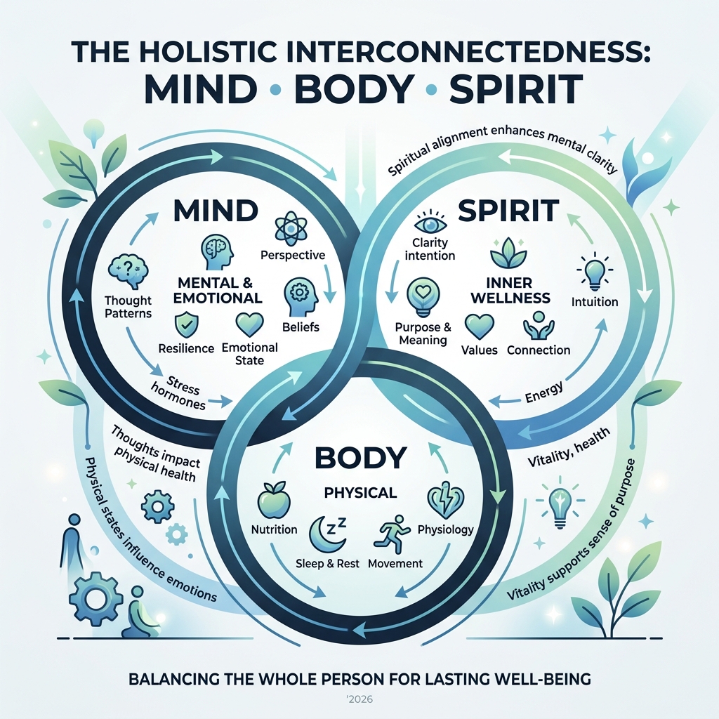 interconnectedness of mind body and spirit - holistic living and wellness infographic