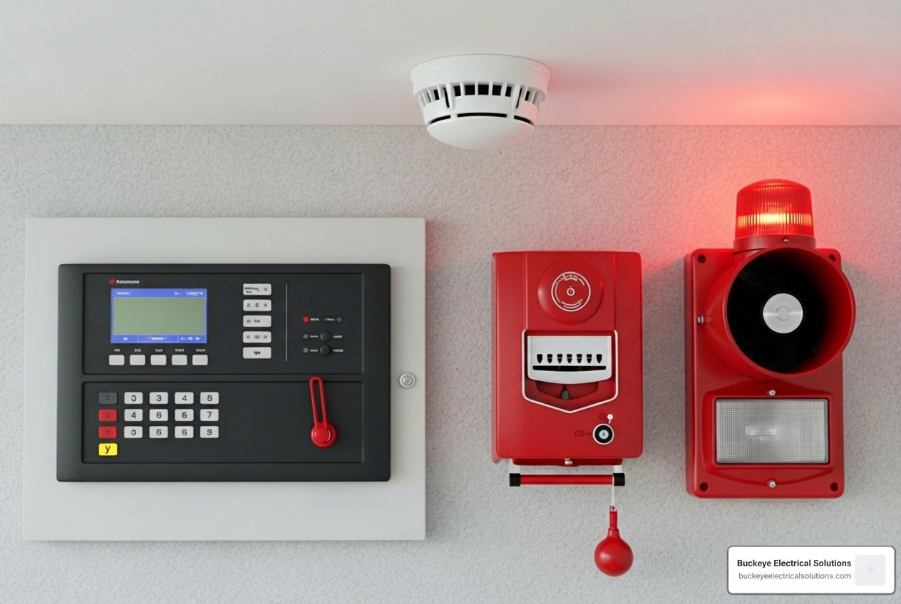 of the essential components of a fire alarm system labeled (Control Panel, Detectors, Notification Devices, Pull Stations) - fire alarm systems maintenance