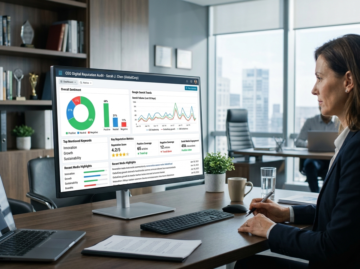CEO digital reputation audit dashboard showing sentiment analysis and search trends - reputation management for ceos CEO digital reputation audit dashboard showing sentiment analysis and search trends - reputation management for ceos
