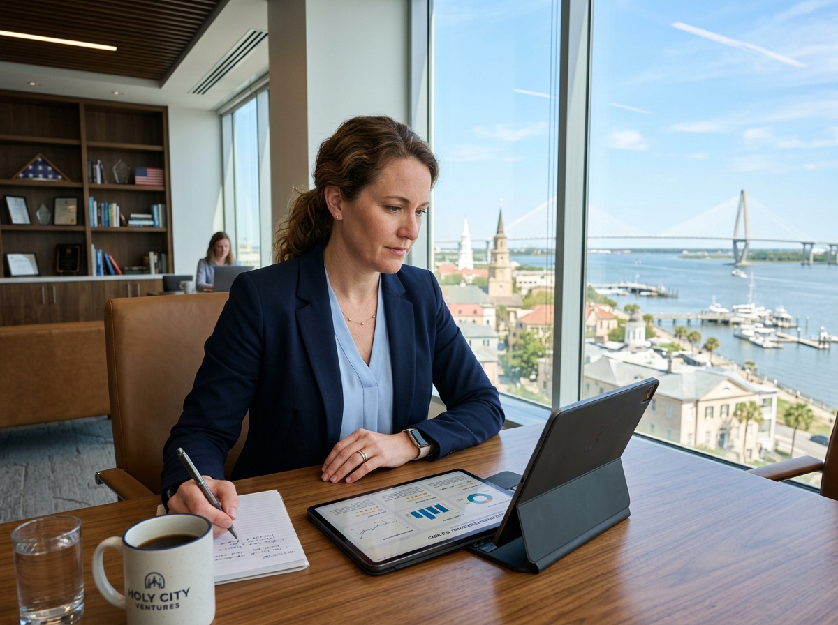 Charleston business owner reviewing customer data on a tablet - customer feedback platform
