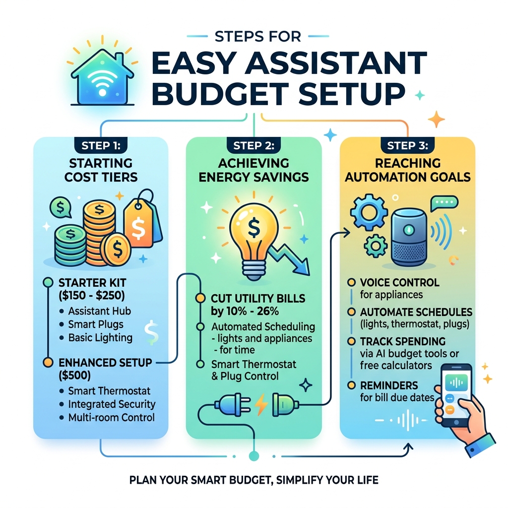 Steps for easy assistant budget setup showing cost tiers, energy savings, and automation goals - easy assistant budget setup