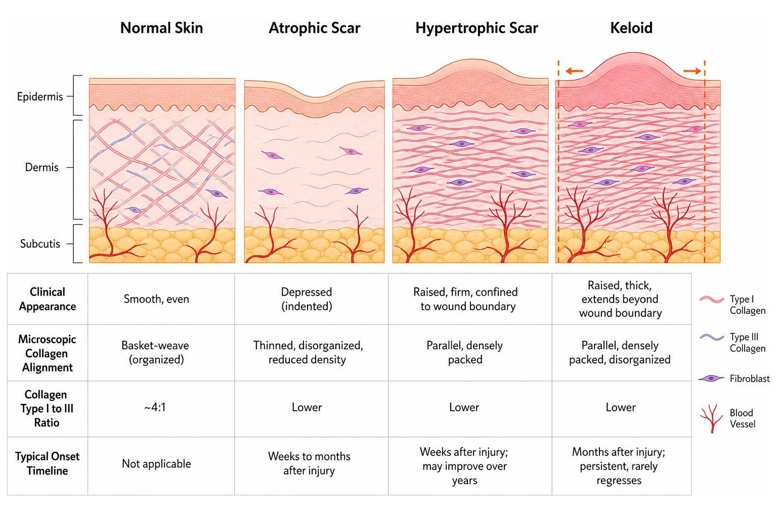 skin cross-section comparing normal skin, atrophic scar, hypertrophic scar, and keloid skin cross-section comparing normal skin, atrophic scar, hypertrophic scar, and keloid
