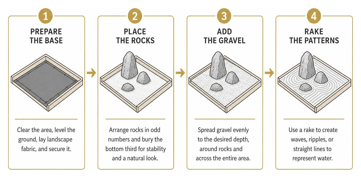 Diagram showing step-by-step process of preparing a Zen garden base, placing rocks, adding gravel, and raking patterns Diagram showing step-by-step process of preparing a Zen garden base, placing rocks, adding gravel, and raking patterns