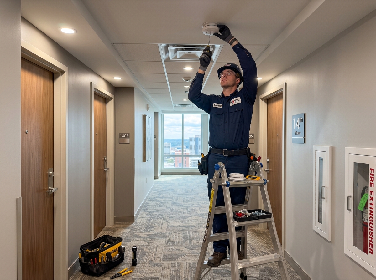 Technician installing a smoke detector in a high-rise hallway - NYC fire alarm installation Technician installing a smoke detector in a high-rise hallway - NYC fire alarm installation