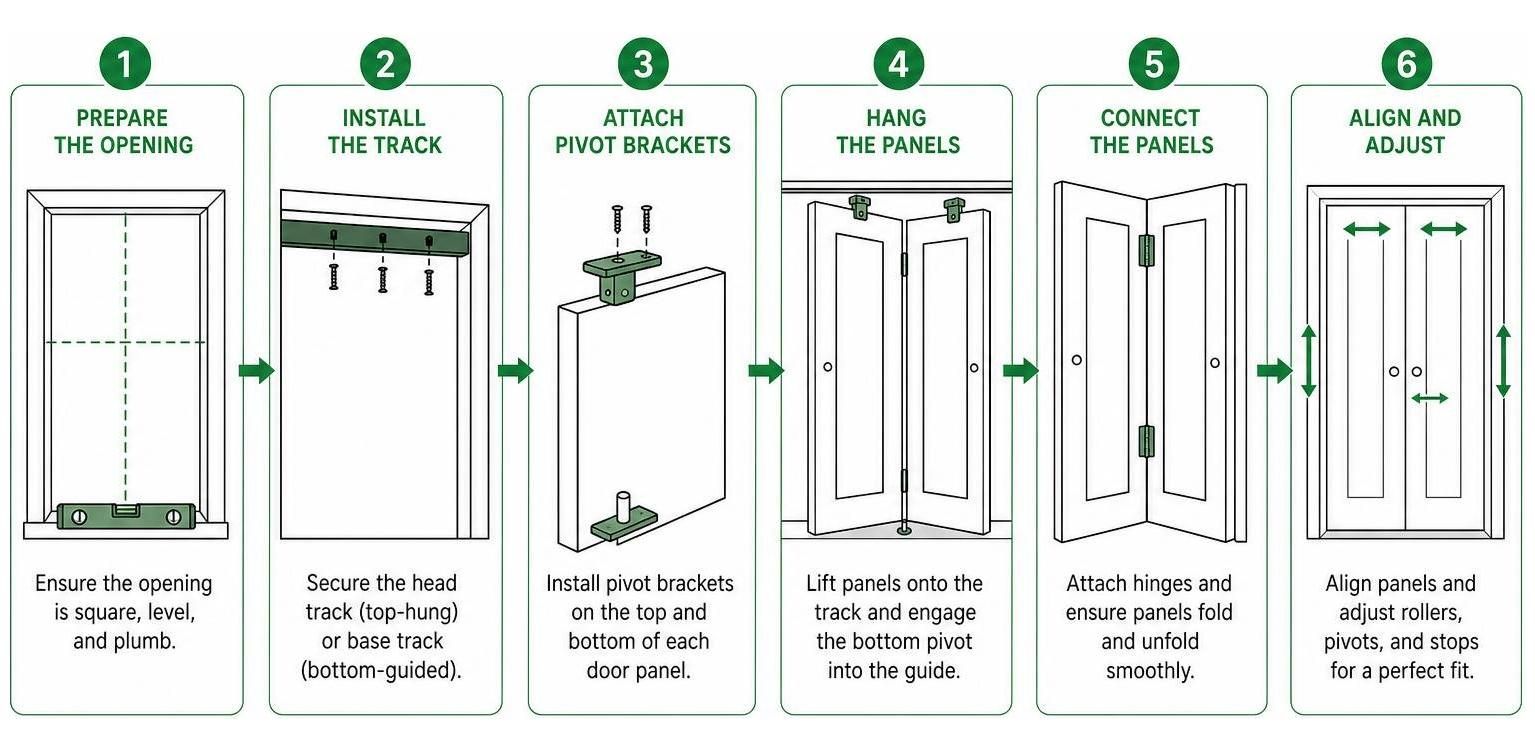 Process diagram showing bifold door installation steps from framing to alignment
