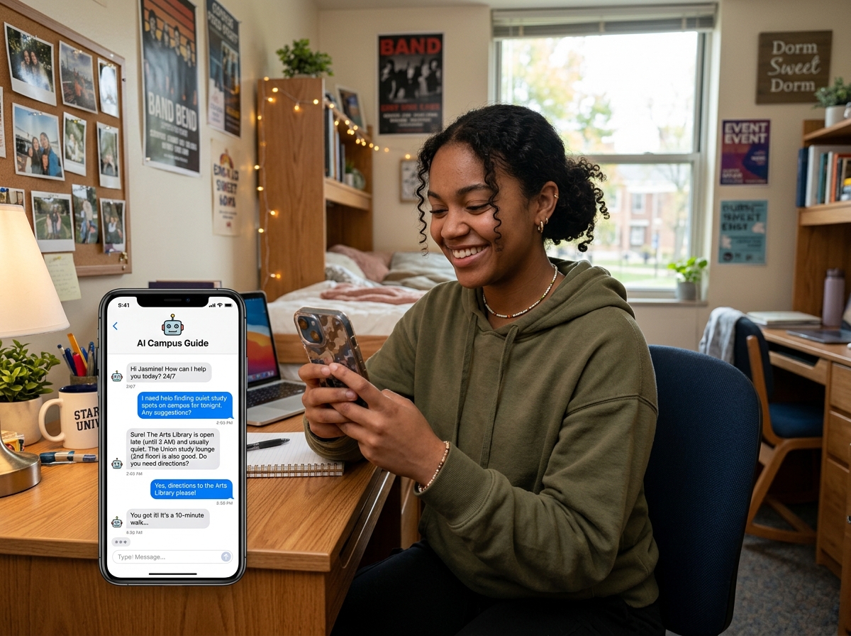 Student interacting with a 24/7 AI chatbot on a mobile device - higher education lead nurturing workflows marketing