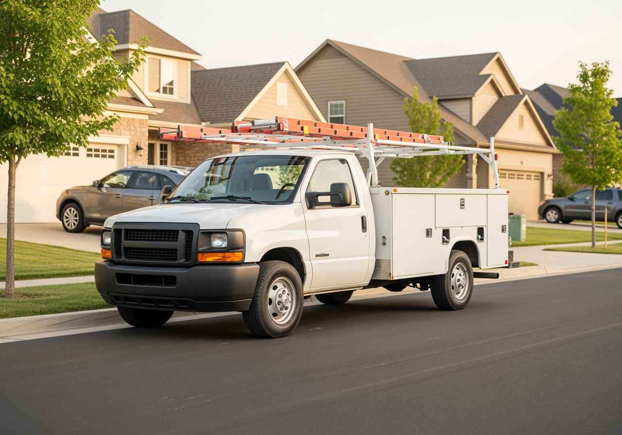 Local service provider's branded truck parked in a friendly neighborhood - online marketing ai