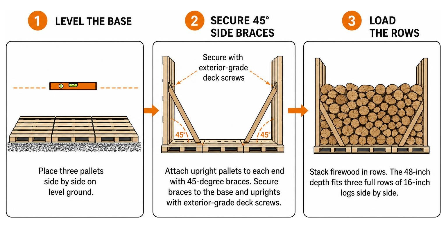 Step-by-step pallet rack assembly:leveling base, securing 45-degree side braces, and loading rows