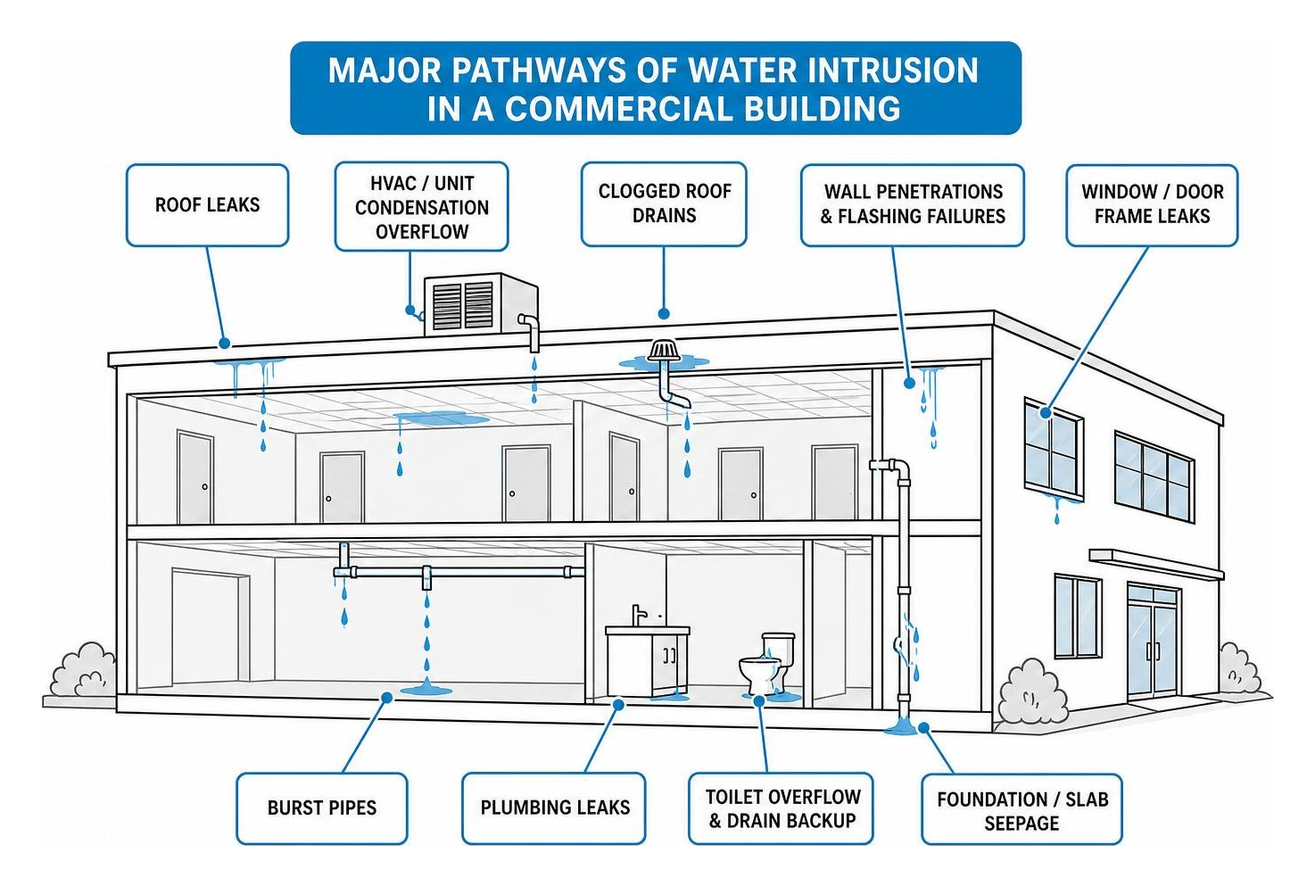 Diagram showing the major pathways of water intrusion in a commercial building Diagram showing the major pathways of water intrusion in a commercial building
