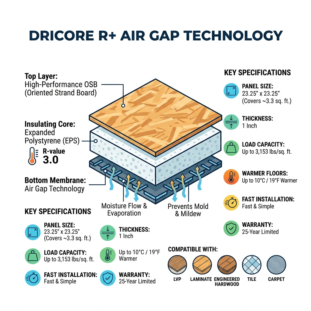 Infographic explaining DRICORE R+ Air Gap Technology, R-value, panel layers, and key specs - dricore r plus infographic 