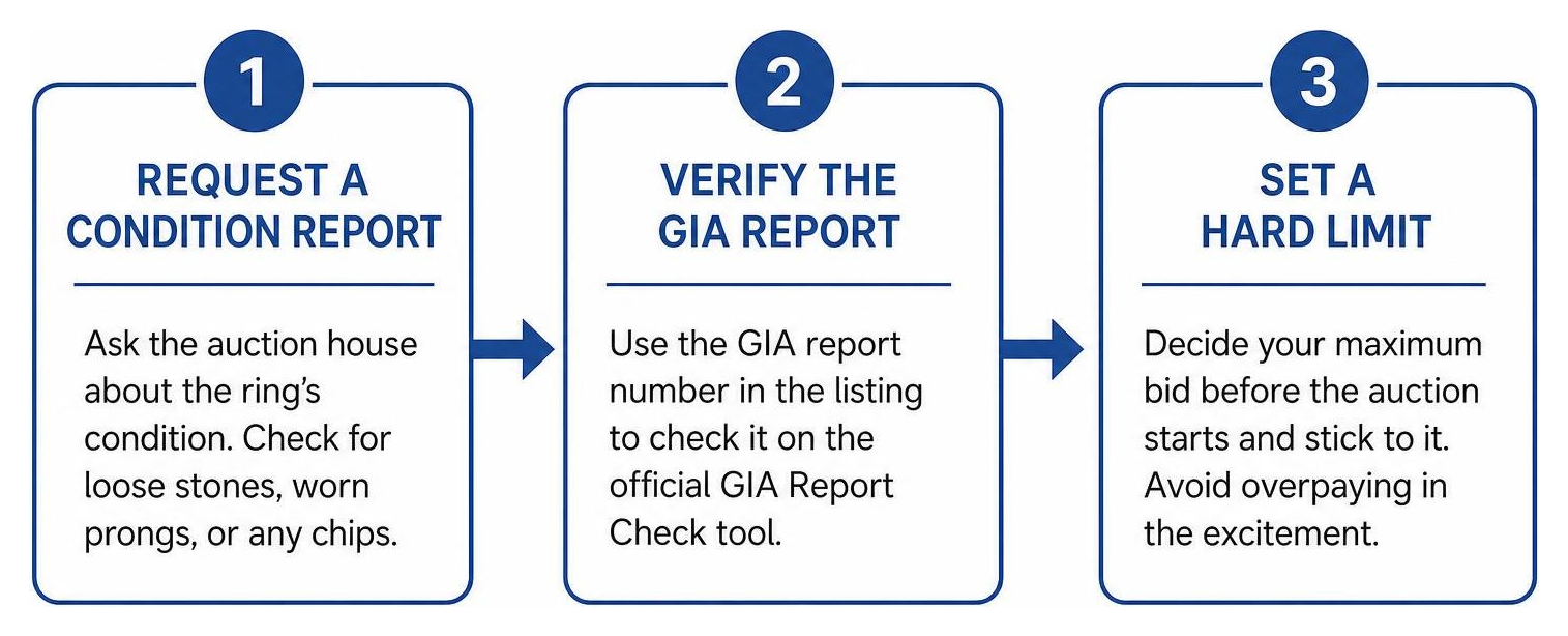 Diagram showing steps to verify and buy an antique ring online safely Diagram showing steps to verify and buy an antique ring online safely